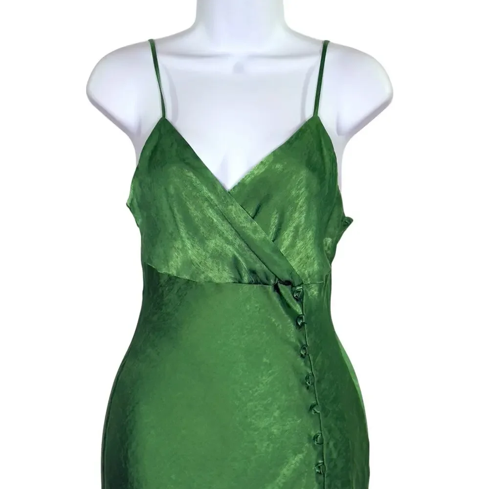 Zara XS Womens Button Slip Dress Bright Kelly Green Midi Slit Cocktail Party